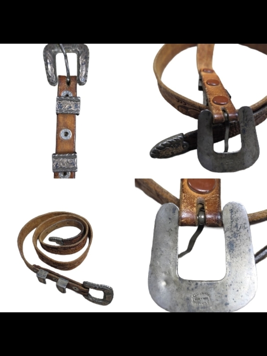 Vintage Mexico Sterling Silver 4 Piece Buckle Hand Tooled Leather Belt 36-38